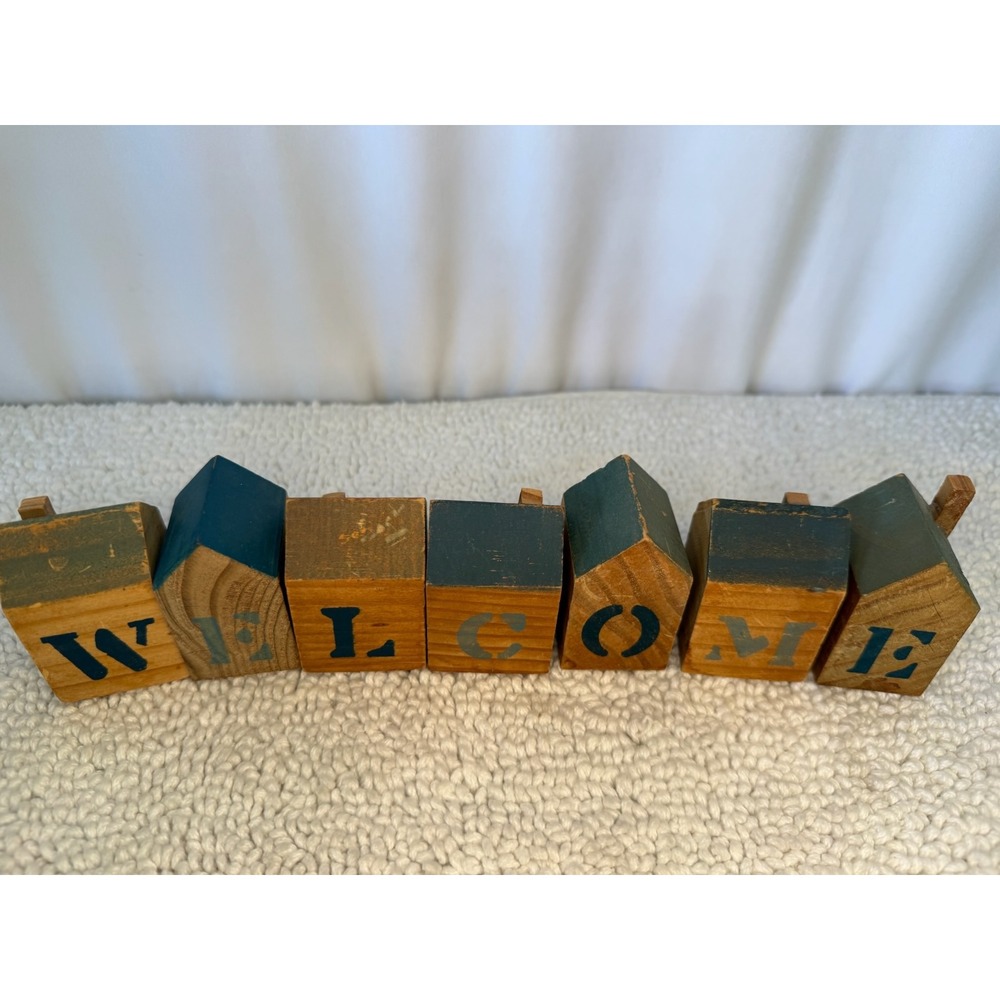 Rustic Wooden Welcome House Blocks Farmhouse Primitive Shelf Decor Set of 7 - Picture 5 of 9